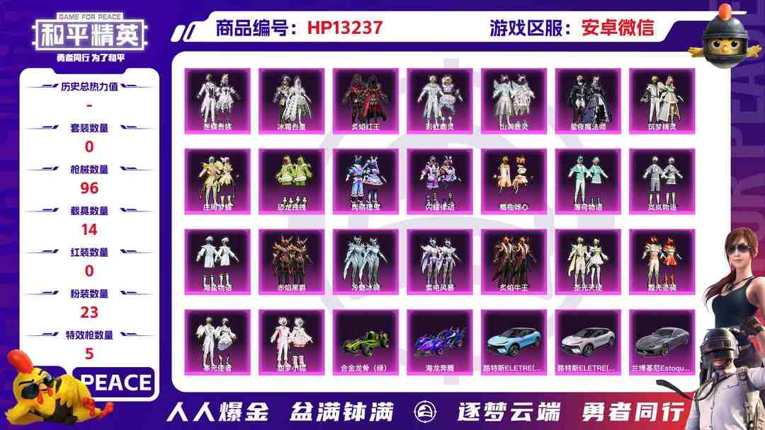 和平精英账号安卓微信安V【人脸可改】5级路特斯 -23粉装-5特效枪-14载具-65287热力值-2印记-93套装-96枪皮
【14载具】路特斯ELERE(电光紫)(5级)