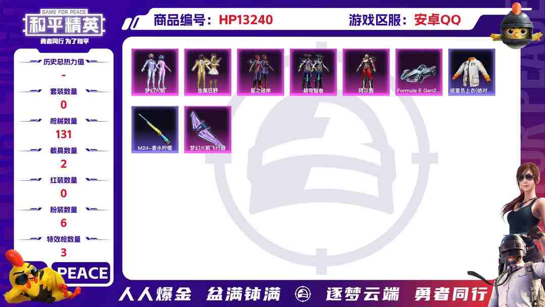 和平精英账号安卓QQ安Q【人脸可改】-6粉装-3特效枪-2载具-45007热力值-12印记-106套装-131枪皮-0卓越印记-0传奇印记
【6粉装】 梦幻火箭 阿尔茜 蔷薇星