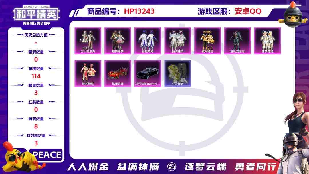 和平精英账号安卓QQ安Q【人脸可改】-8粉装-3特效枪-3载具-39948热力值-5印记-89套装-114枪皮-1卓越印记-0传奇印记
【8粉装】,新星烈龙,宝贝奶油派,蝶舞迷情,黄伞悠悠,复仇流浪者,酣梦娃娃,桃夭倾城
