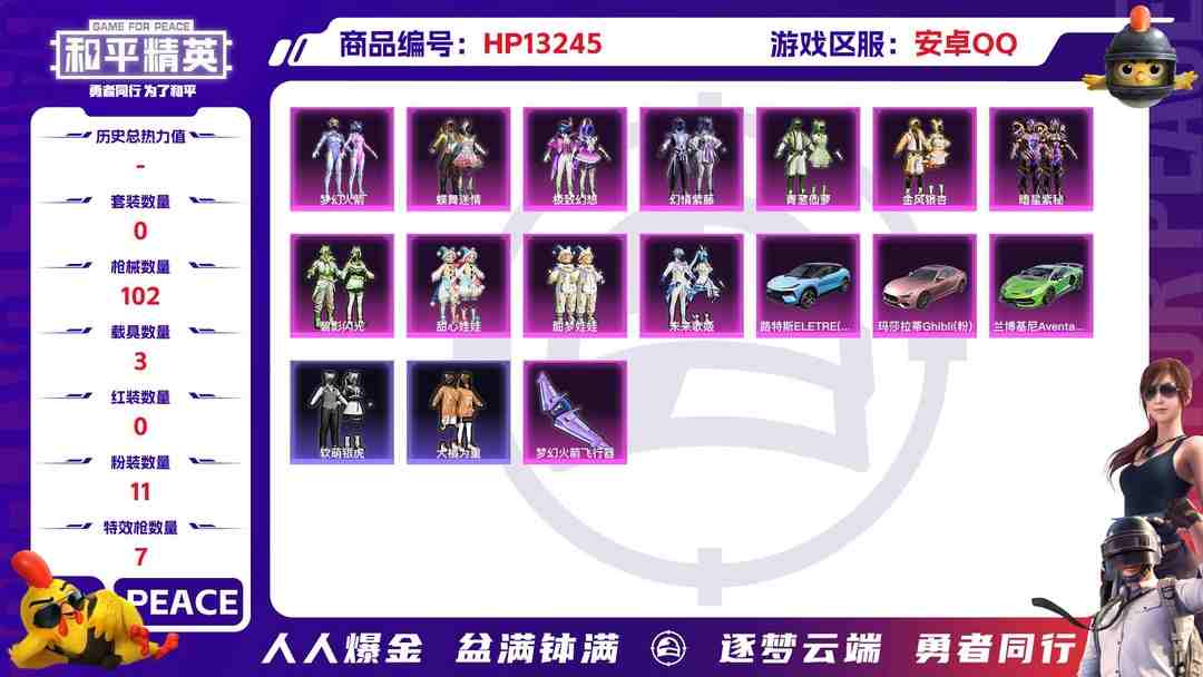 和平精英账号安卓QQ安Q【人脸可改】-11粉装-7特效枪-3载具-41727热力值-0印记-83套装-102枪皮-0卓越印记-0传奇印记
【11粉装】,梦幻火箭,蝶舞迷情,极致幻想,暗星紫秘,碧影闪光,甜心娃娃,酣梦娃娃