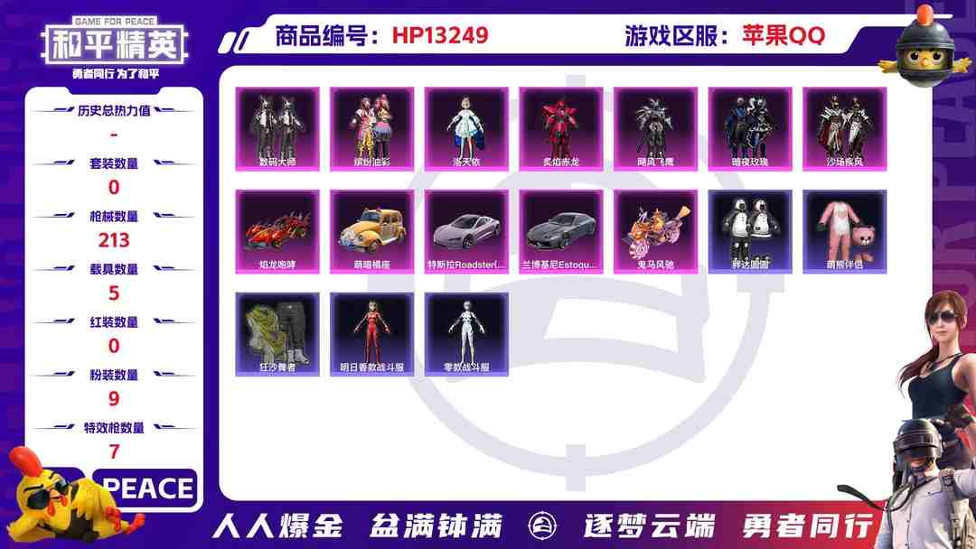 和平精英账号苹果QQ1488 成长可改 苹果手Q-13王牌印记-无战神框-9粉装-7特效枪-5载具-87199热力值-152套装-213枪皮-5卓越印记-4传奇印记
【9粉装】,2号机款机体服,缤纷油彩,洛天依,炙焰赤龙