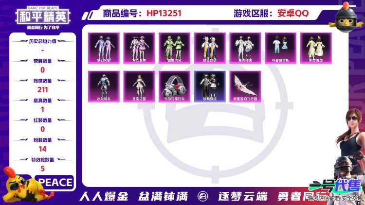 R290 成长可改 安卓手Q-13王牌印记-14粉装-5特效枪-1载具-73688热力值-166套装-208枪皮-2卓越印记-0传奇印记
【14粉装】,金丰海韵,呆萌星弥,梦幻火箭,光极星,闲梦青缨,