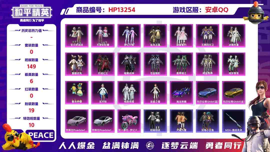 和平精英账号安卓QQ21158安卓手Q-6王牌印记-19粉装-10特效枪-6载具-72011热力值-110套装-149枪皮-1卓越印记-0传奇印记
【19粉装】,狂花道·不知火舞,梦幻火箭,宝贝奶油派,天使彩虹糖,童