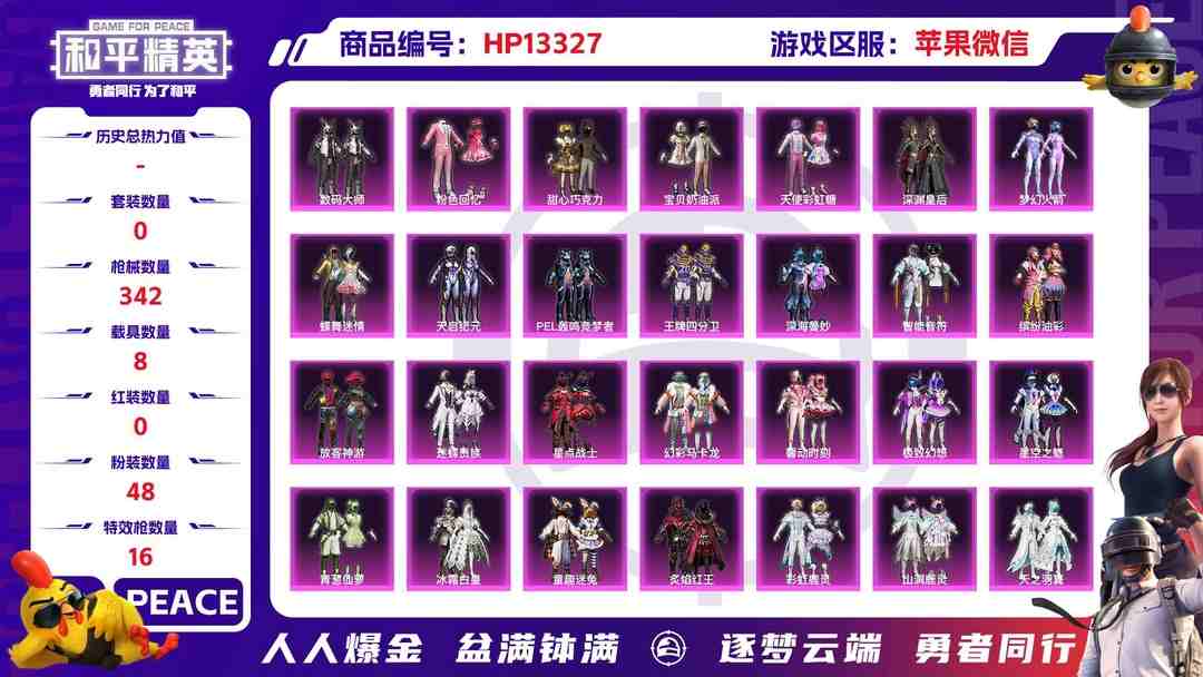 和平精英账号苹果微信果V【人脸可改】J1408-17王牌印记-48粉装-16特效枪-8载具-热力值-320套装-342枪皮-0卓越印记-0传奇印记
【48粉装】,梦幻火箭,甜心巧克力,宝贝奶油派,天使彩虹糖