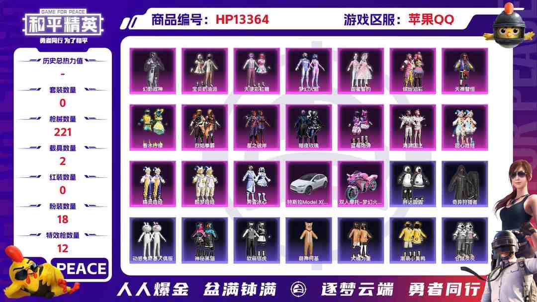 和平精英账号苹果QQM100830【极品身法号18粉12特2车15印记梦幻火箭猪妹五爪满级巧克力两姐妹深海小丑鱼胖达红眼罩小丑鱼鲨鱼裤】苹果Q-97032热力值 15王牌印记 历史绝世王牌12星 173套装 221枪皮