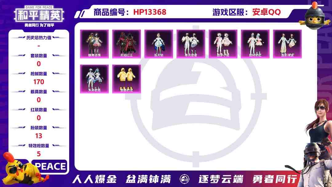 和平精英账号安卓QQ安Q-公主小号 -8王牌印记-13粉装-5特效枪-0载具-55453热力值-131套装-170枪皮-1卓越印记-J6073
【13粉装】,蝶舞迷情,洛天依,傲傲奶龙,千金淑猫,寒光使者,莲影清波,甜