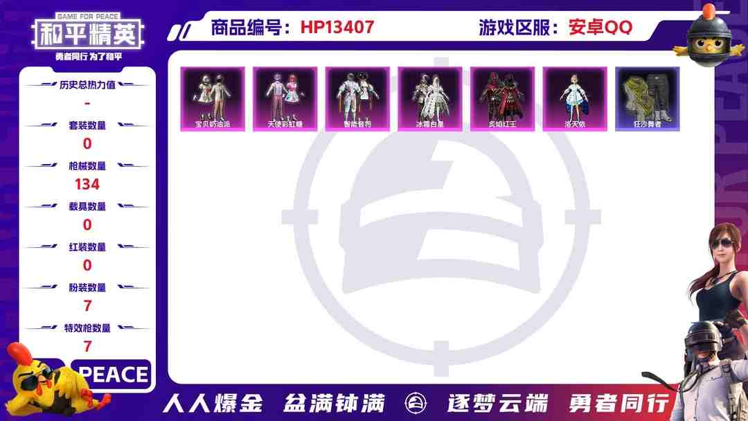 和平精英账号安卓QQ安Q红装号！7王牌印记-7粉装-7特效枪-0载具-45652热力值-89套装-134枪皮-2卓越印记-J6082
【7粉装】,宝贝奶油派,天使彩虹糖,洛天依,玩偶服-猪猪侠,智能音符,冰霜白皇,炙焰