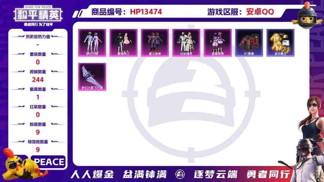 和平精英账号安卓QQ[9081184]9粉装 9特效枪 1载具 13印记 可二次 可修改实名 身法装备：舞王派对(派对舞王、小金鞋) 热门装扮：月影灵韵,时光之吻,幻彩电音,樱桃泡泡,梦幻火箭(新101)(新火箭少女1