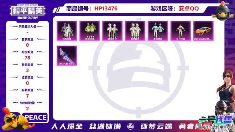安Q裙子号！-4王牌印记-7粉装-2特效枪-2载具-29748热力值-65套装-78枪皮-J6108
【7粉装】,恐龙拽拽,精灵娃娃,酣梦娃娃,小可学妹,薄荷物语,冰霜白皇,呆萌星弥
【2特效枪】M