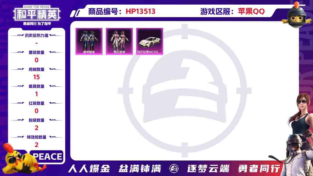 和平精英账号苹果QQ[9082170]2粉装 2特效枪 1载具 可二次 可修改实名 时装数：30 枪械数：15 战备数：1 热门装扮：银红美神,碧穹智者 载具：玛莎拉蒂MC20(星石白) 稀有枪皮：Kar98K-巳巳如