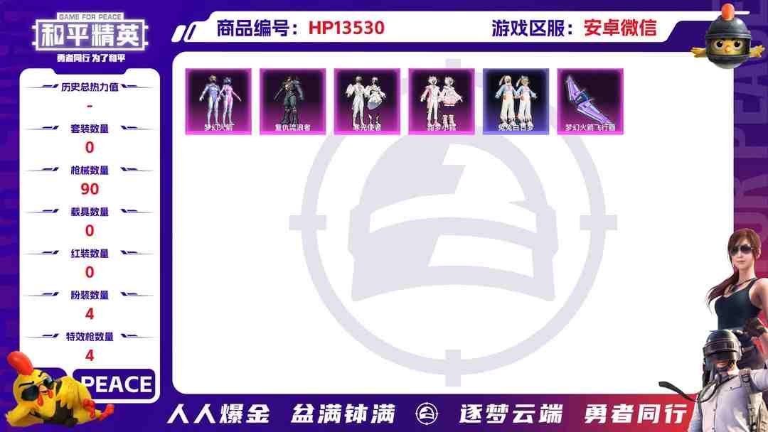 和平精英账号安卓微信[9082431]4粉装 4特效枪 8印记 可二次 可修改实名 连体王者 身法装备：暗影哥特（红眼罩） 热门装扮：梦幻火箭(新101)(新火箭少女101粉色套装),甜梦小狐,寒光使者,复仇流浪者,兔