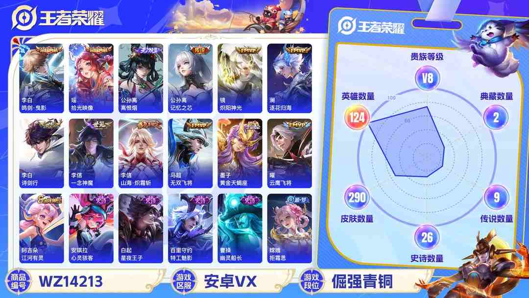 王者荣耀账号安卓VX[9082474]V8 2典藏 1无双 1珍品传说 12传说 124英雄 290皮肤 可修改实名 连体和平 荣耀水晶：拾光映像(瑶典藏),鸣剑·曳影 无双皮：离恨烟(公孙离无双) 珍品传说：器灵·落