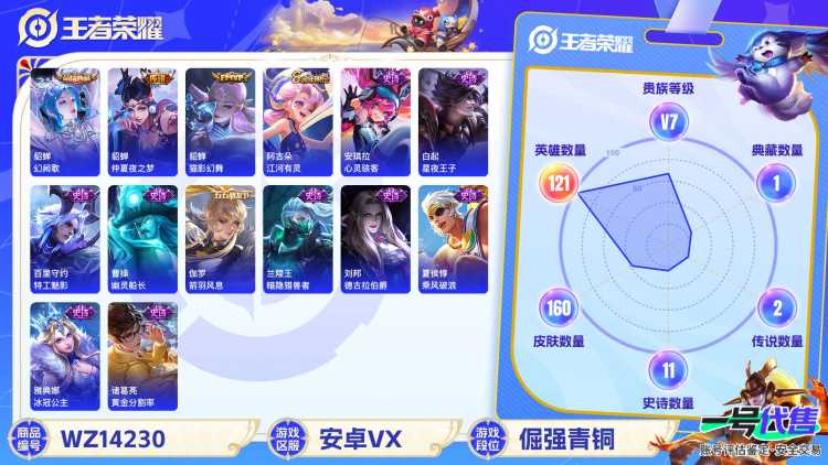 [9084693]V7 1典藏 4传说 121英雄 160皮肤 安全保护中 可修改实名 荣耀水晶：幻阙歌(貂蝉典藏) 传说皮：仲夏夜之梦(大飞蛾),猫影幻舞 珍宝阁皮：蔷薇恋人 限定皮：愿照·众生和