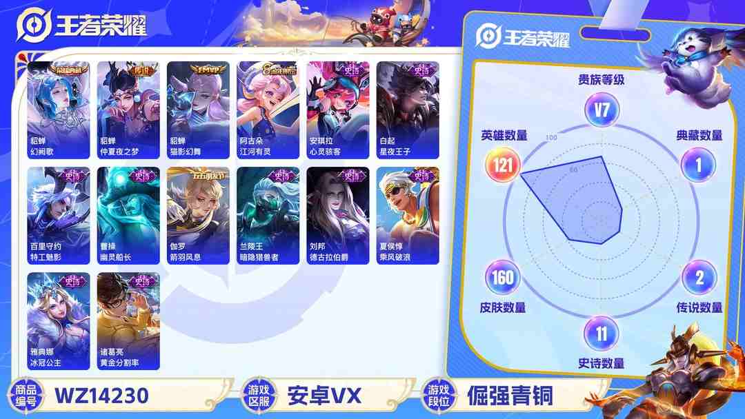 王者荣耀账号安卓VX[9084693]V7 1典藏 4传说 121英雄 160皮肤 安全保护中 可修改实名 荣耀水晶：幻阙歌(貂蝉典藏) 传说皮：仲夏夜之梦(大飞蛾),猫影幻舞 珍宝阁皮：蔷薇恋人 限定皮：愿照·众生和