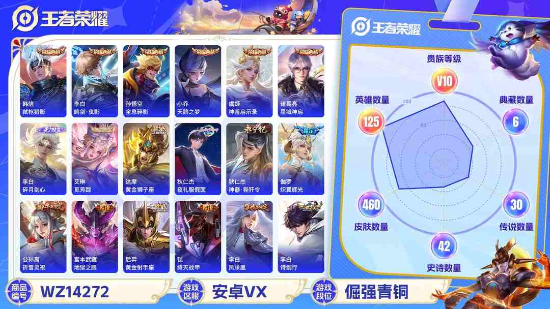 王者荣耀账号安卓VX[9086747]V10 6典藏 1无双 3珍品传说 40传说 125英雄 460皮肤 典藏英雄武则天 连体王者 可修改实名 荣耀水晶：神鉴启示录,鸣剑·曳影,弑枪猎影(韩信典藏),全息碎影(猴子典