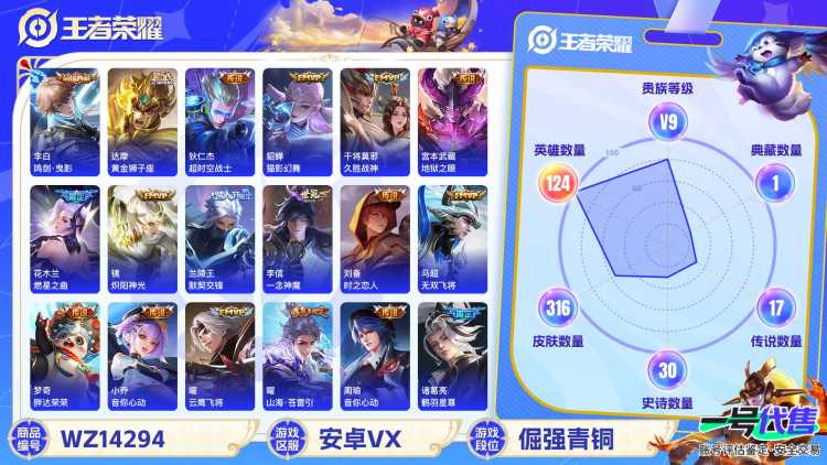 [9087576]V9 1典藏 23传说 124英雄 316皮肤 可修改实名 安全保护中 荣耀水晶：鸣剑·曳影 传说皮：幻光神枪,黄金狮子座,零号·赤焰,地狱之眼,末日机甲-孙尚香(绿蚂蚱),一念神