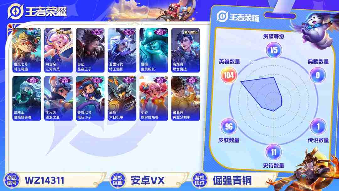 王者荣耀账号安卓VX[9088527]V5 2传说 104英雄 96皮肤 可修改实名 永久社交限制  传说皮：鲁班七号-时之奇旅 珍宝阁皮：蔷薇恋人 限定皮：鸣野蒿,傲雪梅枪,孙行者 史诗皮：星界战将,电玩小子(小书包