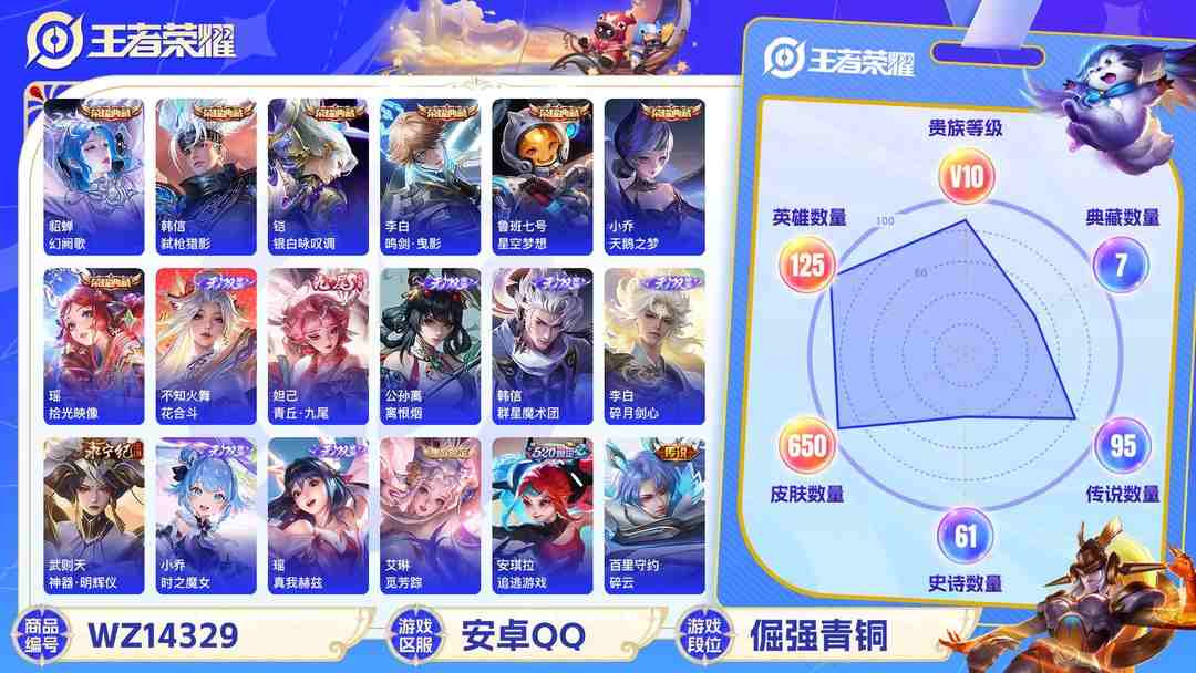 王者荣耀账号安卓QQ[9090885]V10 8典藏 10无双 6珍品传说 119传说 125英雄 650皮肤 典藏英雄武则天 可修改实名 荣耀水晶：最初的交响(伽罗典藏),拾光映像(瑶典藏),鸣剑·曳影,弑枪猎影(韩