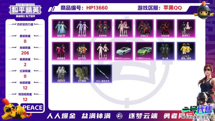 32221 苹果手Q-13王牌印记-12粉装-12特效枪-2载具-78029热力值-164套装-206枪皮-1卓越印记-1传奇印记
【12粉装】,雪国幻梦,梦幻火箭,放客神游,第五大道,幻彩电音,