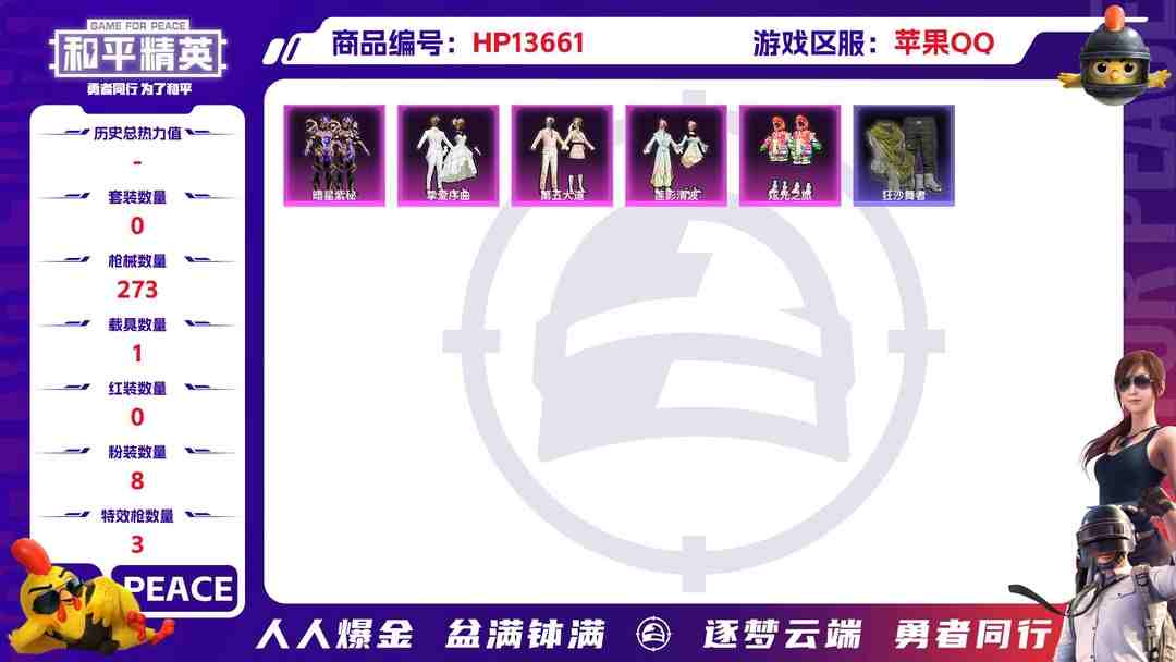 和平精英账号苹果QQ32225 苹果手Q-8王牌印记-8粉装-3特效枪-1载具-82120热力值-189套装-273枪皮-0卓越印记-0传奇印记
【8粉装】,第五大道,幻彩电音,星穹咏叹调,暗星紫秘,星云暗核,炫光之