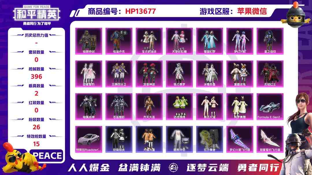 和平精英账号苹果微信32191 苹果微信-17王牌印记-有战神框-26粉装-15特效枪-2载具-热力值-280套装-396枪皮-5卓越印记-2传奇印记
【26粉装】,雪国幻梦,梦幻火箭,2号机款机体服,宝