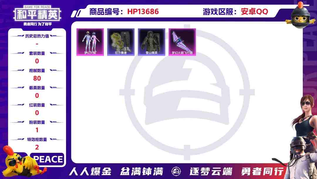 和平精英账号安卓QQM100839【1粉2特效梦幻火箭 狂沙舞者身法号】安卓Q-27088热力值 4王牌印记 历史卓越王牌4星 84套装 80枪皮 【1粉装】 梦幻火箭 【2特效枪】 Kar98K-巳巳如意 (3级) 