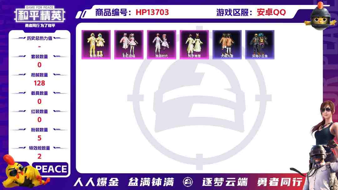 和平精英账号安卓QQ1938529--安卓Q-41513热力值 历史荣耀皇冠Ⅱ 不可二次 131套装 128枪皮 【5粉装】 雪月幻音 瑰丽时代 闲梦青缨 垂柳戏鸭 彩虹甜喵 【2特效枪】 Kar98K-巳巳如意 (5