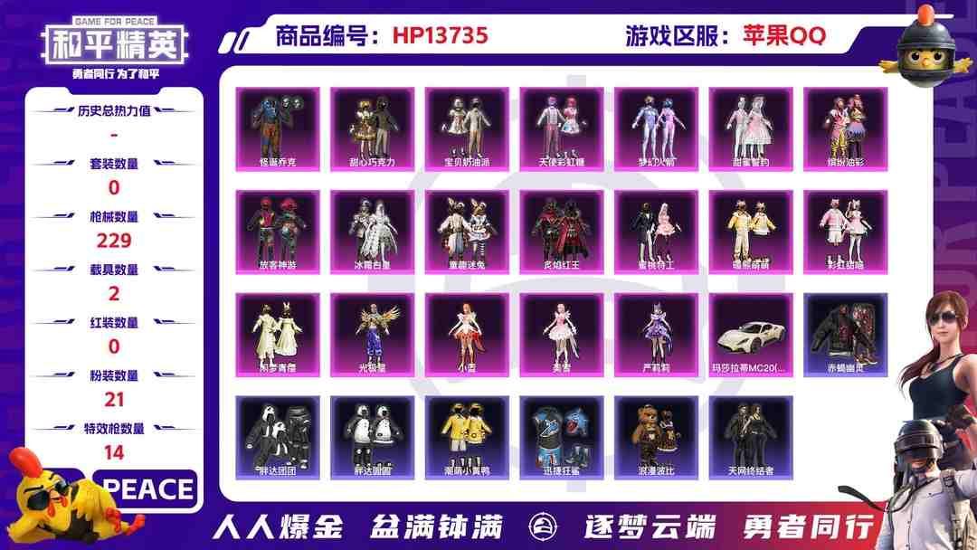 和平精英账号苹果QQ1938585- 不可二次 苹果Q-85764热力值【极品男女一体素材号 主播同款身法 SS30无敌战神框 麒麟马 图卡盟2级 小丑[怪诞] 都市 赤蝎 金鞋 天网 火箭少女 巧克力三姐妹 童趣迷兔