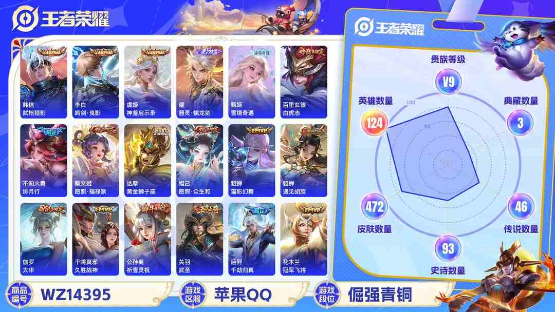 王者荣耀账号苹果QQ1950290--可二次苹果q-V9-472皮肤 1星元 零号-雷霆  金标-虞姬9967战力  金标-苏烈8715战力  金标-女娲8490战力 7银标 52传说 2无双 器灵螭龙剑 雪境奇遇 -