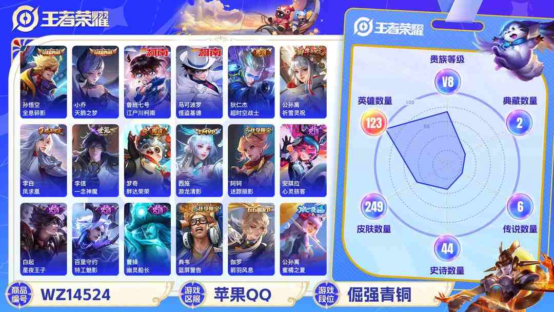 王者荣耀账号苹果QQ1890583-苹果Q-贵族积分0-V8-249皮肤-123英雄 D 2典藏 幸运值150 紫星币150 
【传说皮肤】 李白-凤求凰 狄仁杰-超时空战士 公孙离-祈雪灵祝 李信-一念神魔 梦奇-胖