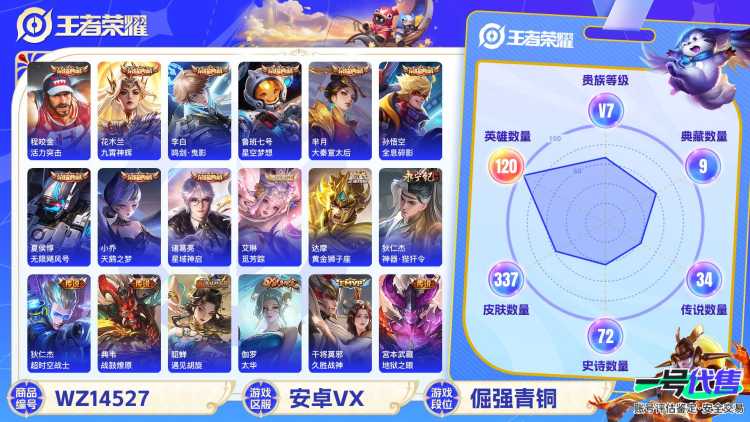 1896323-安卓WX-贵族积分0-V7-337皮肤-120英雄  D 武则天 9典藏 3星元 紫星币175 传说天幕1 
【传说皮肤】 关羽-武圣 李白-凤求凰 瑶-时之祈愿 曜-李逍遥 狄仁杰