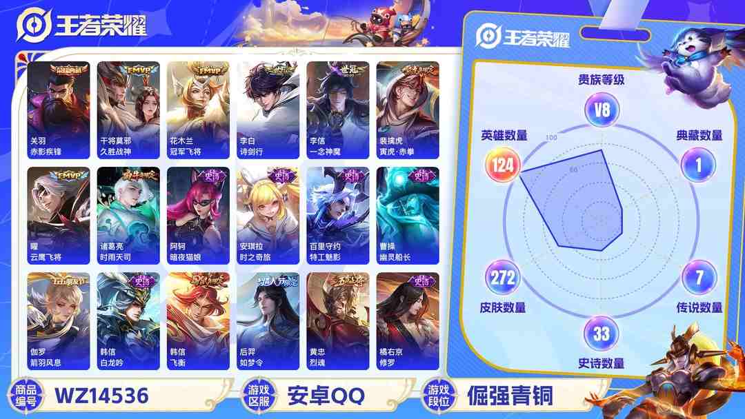 王者荣耀账号安卓QQ1906081-安卓Q-贵族积分0-V8-272皮肤-124英雄  D 【qq违规】 1典藏 紫星币120 传奇王者
【传说皮肤】 李白-诗剑行 干将莫邪-久胜战神 花木兰-冠军飞将 李信-一念神魔