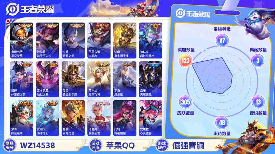 王者荣耀账号苹果QQ1910981-苹果Q-贵族积分0-V7-305皮肤-123英雄 D 武则天 3典藏 幸运值192 1星传说 紫星币170 皮肤碎片106
【传说皮肤】 李白-凤求凰 吕布-天魔缭乱 百里玄策-白虎