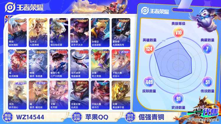 1922733-苹果Q-贵族积分0-V10-449皮肤-124英雄 D 无双v10 7典藏 幸运值118  5星传说 传说天幕3 皮肤碎片980 金标猴子
【传说皮肤】 关羽-武圣 李白-凤求凰 吕