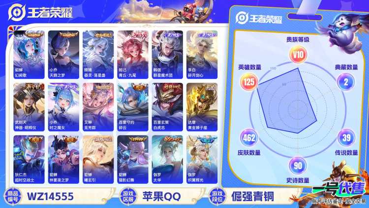 1938383-苹果Q-贵族积分0-V10-462皮肤-125英雄  D 武则天 2典藏 3星传说 传说天幕1 皮肤碎片381
【传说皮肤】 李白-凤求凰 吕布-天魔缭乱 小乔-山海·琳琅生 百里守