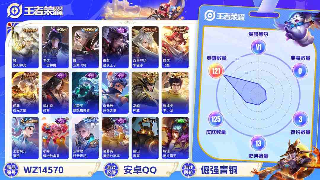 王者荣耀账号安卓QQ1894280-安卓Q-125皮肤-(可二次) 4传说 神威 鸣野蒿 朱雀志 飞衡 辉光之辰 梁祝 炽阳神光 云鹰飞将 一念神魔 原初探秘者 李小龙 暗隐猎兽者 金属风暴 蔷薇恋人 黄金分割率 优雅
