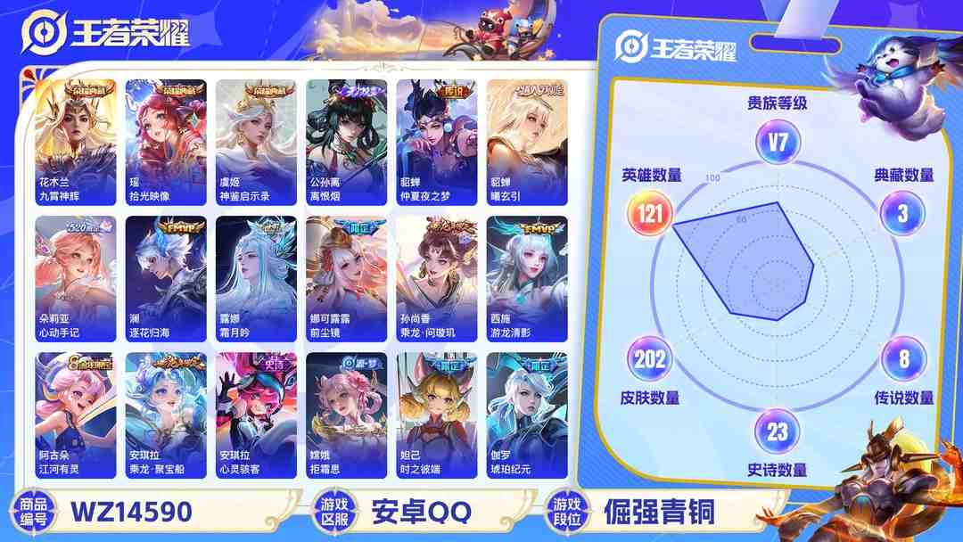 王者荣耀账号安卓QQ1896282-安卓Q 【可二次】 英雄数量:121 皮肤数量:202 贵族等级:贵族V7 极品女号！！！拾光映像瑶 神鉴启示录 九霄神辉 离恨烟 金乌负日 朵莉亚心动手记 霜月吟 逐花归海 曦玄引