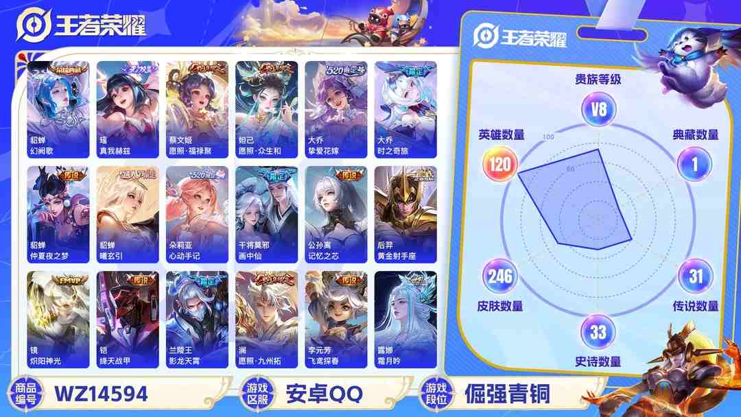 王者荣耀账号安卓QQ1896316-安卓Q 【可二次】 英雄数量:120 皮肤数量:246 贵族等级:贵族V8 【极品女号！！！】幻阙歌 瑶>真我赫兹 金乌负日 司空震愿照·山河定 女娲愿照·千秋盛 妲己愿照·众生和 
