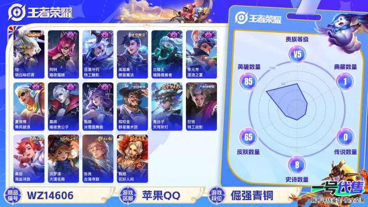 1929949-苹果Q 【可二次】 英雄数量:85 皮肤数量:65 贵族等级:贵族V5 银白咏叹调 鸣野蒿 特工战影 特工魅影 猫狗日记男 逐浪之夏 暗夜猫娘 千年之狐 暗夜贵公子 冰雪圆舞曲 鹰眼