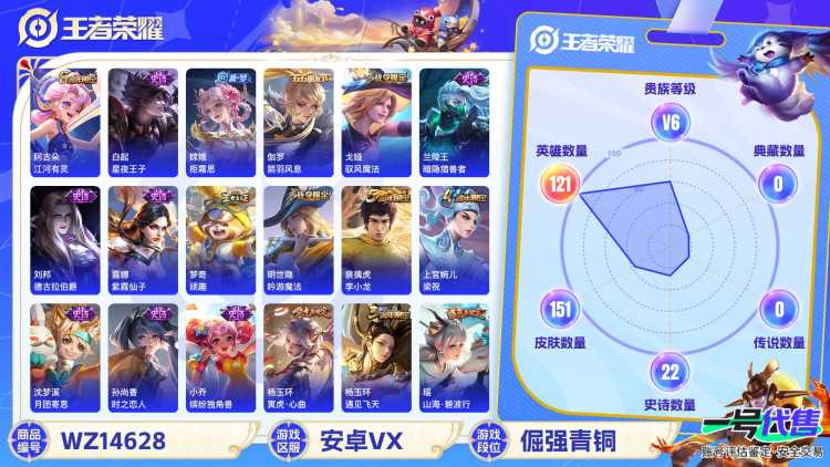 1986628-安卓V 【可二次】 英雄数量:121 皮肤数量:151 贵族等级:贵族V6 山海碧波行 寅虎心曲 遇见神鹿 匿光追影者 时之恋人女 箭羽风息 超时空战士女 唤灵魅影 猫狗日记女 缤纷