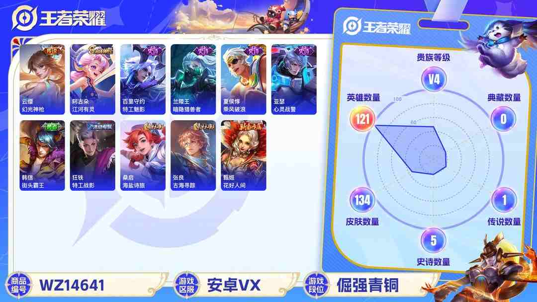 王者荣耀账号安卓VX1990429-安卓V 【可二次】 英雄数量:121 皮肤数量:134 贵族等级:贵族V4 妄想食味 幻光神枪 鸣野蒿 特工战影 街头霸王 热力回旋 特工魅影 猫狗日记男 千年之狐 女仆咖啡 摇滚巨