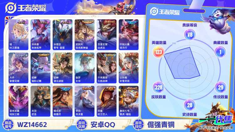 1930245-安卓Q《不用三天-秒换绑》【可二次】V8-122英雄-327皮肤-15王者印记（33传说 女号 虎年限定全 时之愿境 未来机甲 零号雷霆）2水晶(已兑换) 武则天 倪克斯神谕 凤求凰