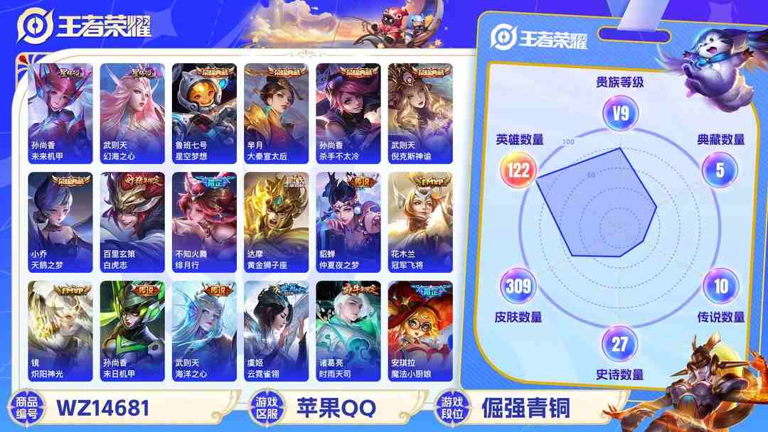 王者荣耀账号苹果QQ1970083-苹果Q《不用三天-秒换绑》【可二次】V9-121英雄-304皮肤-25王者印记（13传说 中路48段 9省标 万战不知火舞10163战力 海月 小乔 米莱狄 妲己 蔡文姬 亚瑟 雅典