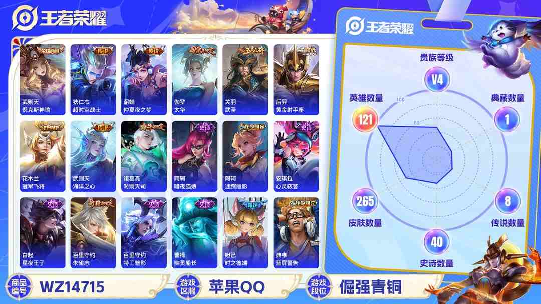 王者荣耀账号苹果QQ1917819-6-苹果q-贵族8-265皮肤 1星传说 金色仲夏夜 10传说 1珍品 瑶-大耳狗之梦 -2水晶(已兑换) 武则天-武则天 武则天-倪克斯神谕 铠-青龙志 百里守约-朱雀志 虞姬-启
