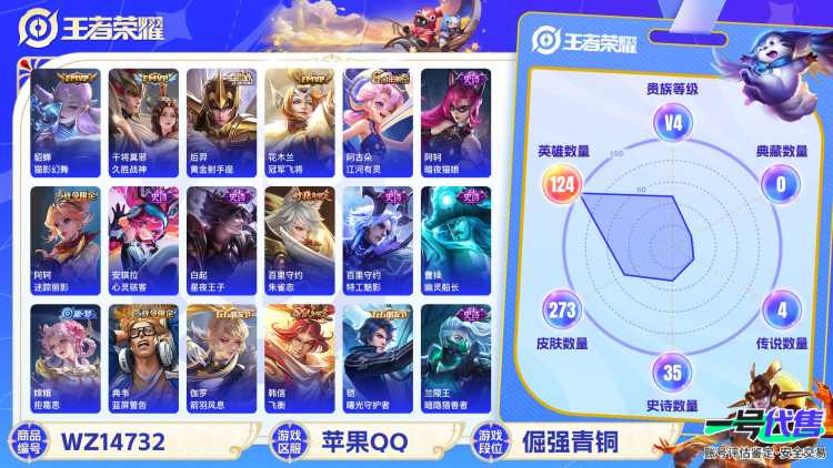 1948375-0-苹果q-贵族7-273皮肤 5传说 马超-神威 孙悟空-至尊宝 裴擒虎-梅西 百里守约-朱雀志 韩信-飞衡 曹操-天狼征服者 嫦娥-拒霜思 典韦-蓝屏警告 钟馗-神迹守卫钟馗 鲁