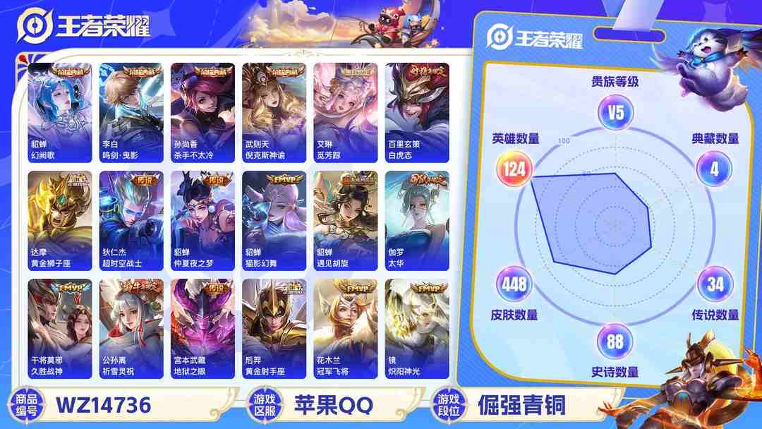 王者荣耀账号苹果QQ1962116-4-苹果q-贵族10-448皮肤1天幕4星传说零号雷霆 未来机甲 幽冥之眼 金色仲夏夜 39传说 -5水晶(已兑换) 武则天-武则天 武则天-倪克斯神谕 孙尚香-杀手不太冷 李白-鸣
