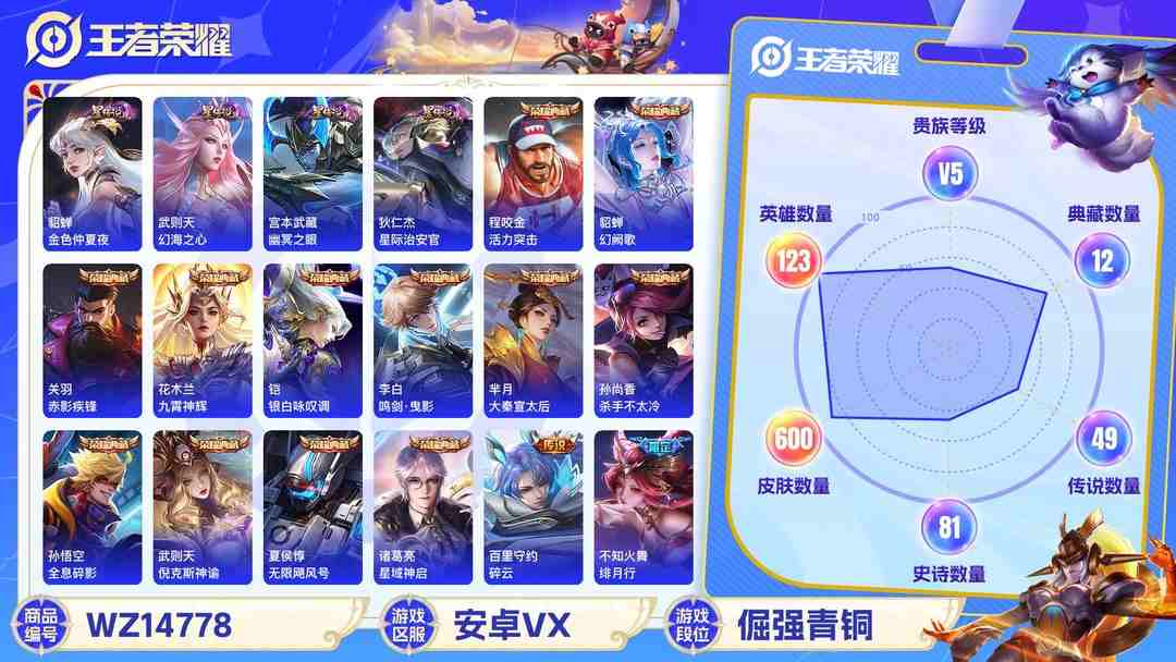 王者荣耀账号安卓VX1986776-3-有二次-无双贵族10-安卓v-V-600皮肤 7星传说 零号·雷霆 玉鸾吟 幻海之心 幽冥之眼 金色仲夏夜 星际治安官 幻舞叠翠 1小兵皮肤 99传说  3珍品 器灵落星盏 时之