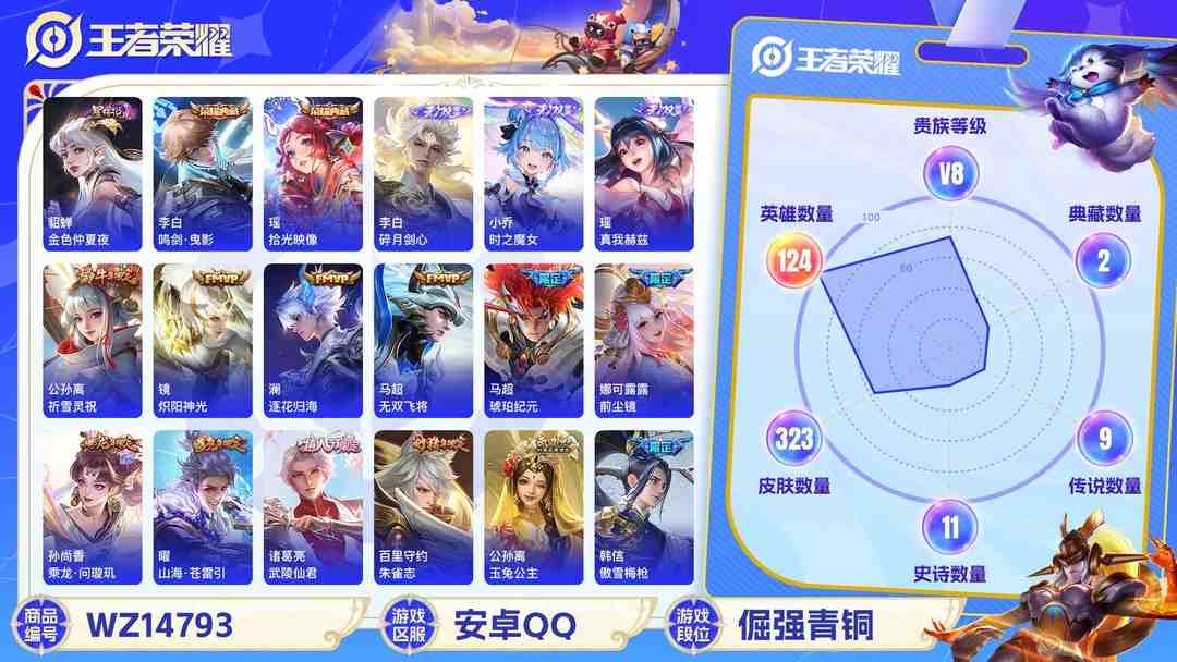 王者荣耀账号安卓QQ1997005-6 有二次【秒换绑，无需等三天】v8-322皮肤 20印记【万战诸葛亮 金标马超 金标娜可露露 银标诸葛亮 银标澜 银标李白 银标曜 银标不知火舞 银标马可波罗 银标影 银标露娜 银