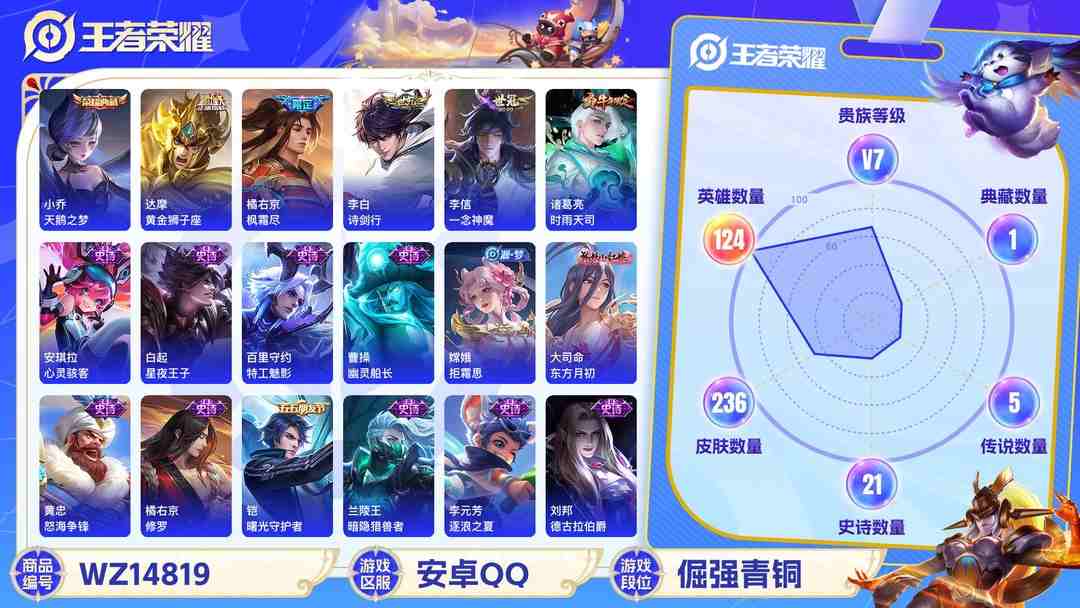 王者荣耀账号安卓QQ[9111992]V7 1典藏 9传说 124英雄 236皮肤 可修改实名 荣耀水晶：天鹅之梦(小乔典藏) 传说皮：黄金狮子座,地狱火,末日机甲-孙尚香(绿蚂蚱),一念神魔 珍宝阁皮：妄想食味,蔷薇