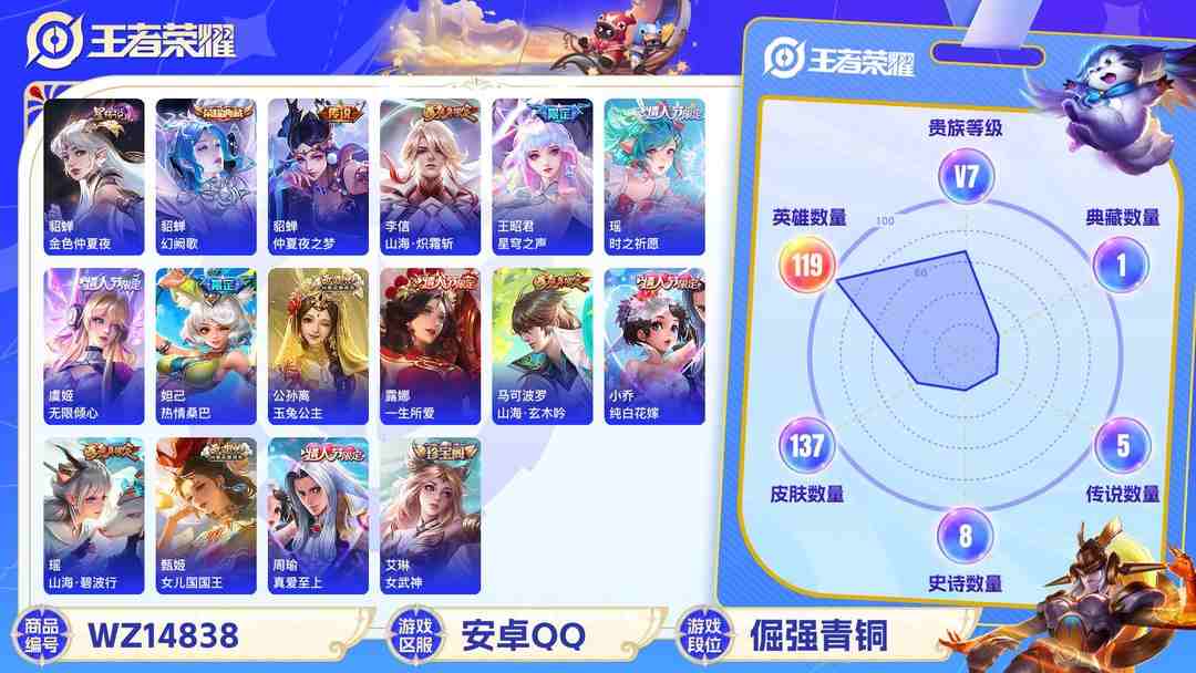 王者荣耀账号安卓QQ1997093-安卓Q《不用三天-秒换绑》【可二次】V7-119英雄-137皮肤-5王者印记（6传说 女号 金色仲夏夜）1水晶(已兑换) 幻阙歌 鸣野蒿 山海碧波行 山海玄木吟 山海炽霜斩 纯白花嫁